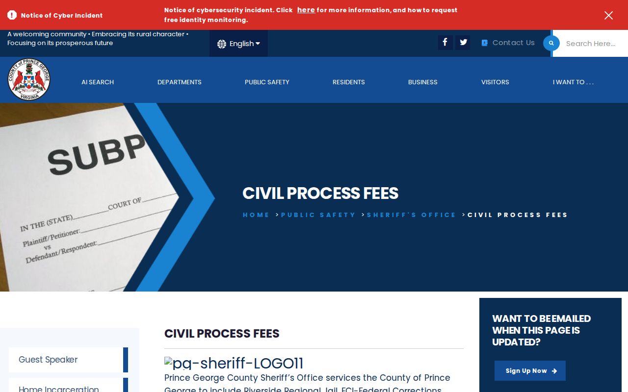 Prince George County warrant records: Sheriff's civil process page, separate from municipal court process