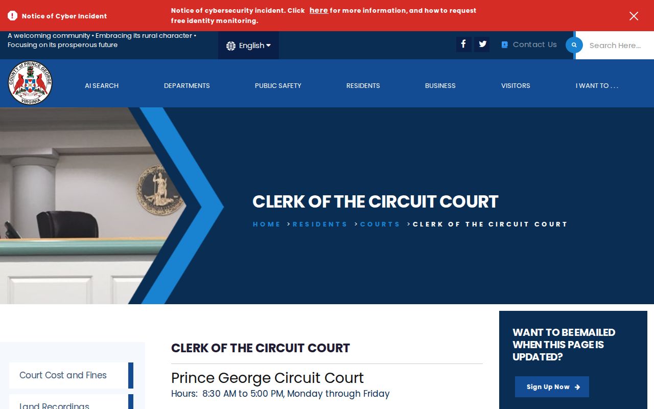 Prince George County active warrants: Circuit Court Clerk public records contact page
