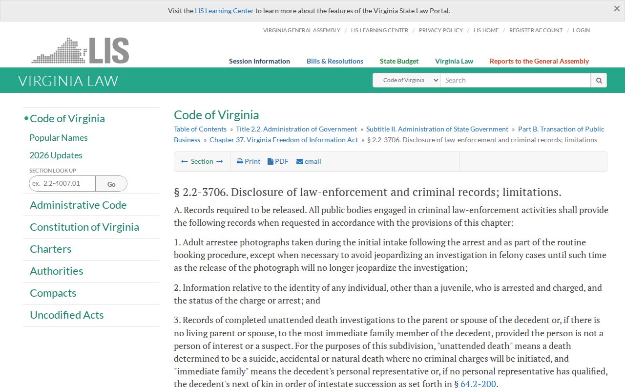 Prince George County arrest warrant records: Virginia Code law-enforcement access limits