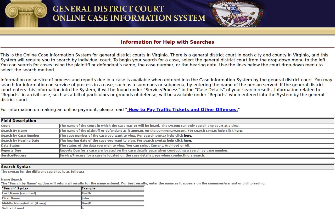 Prince George County warrant search fields in General District Court help