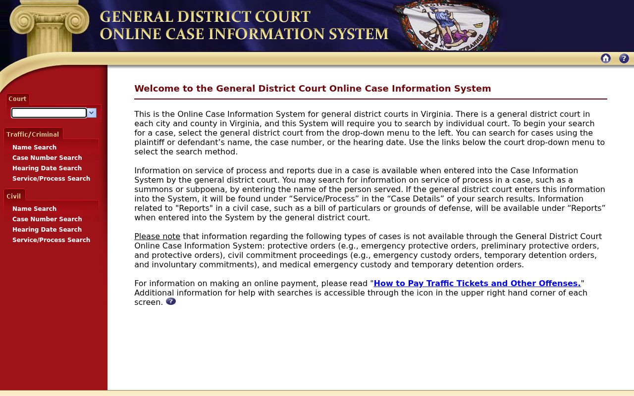 Prince George County warrant search: General District Court case information route